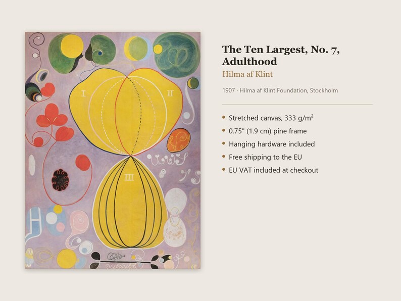 May include: A stretched canvas print of The Ten Largest, No. 7, Adulthood by Hilma af Klint, featuring abstract yellow, green, and red shapes on a lavender background, mounted in a 0.75 inch pine frame with included hanging hardware.