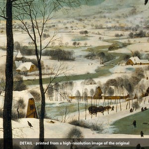 May include: A winter landscape painting featuring snow-covered fields, a winding river, and a village with houses and a church. Bare trees stand in the foreground, while small figures skate on ice. Text at the bottom reads: DETAIL - printed from a high-resolution image of the original.