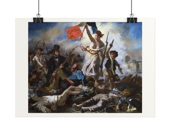 Puede incluir: Una lámina artística enmarcada del cuadro La Libertad guiando al pueblo, con una figura central que sostiene una bandera tricolor francesa, rodeada de personas armadas y caídos en una escena de batalla caótica y humeante.