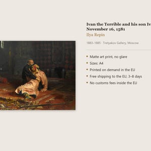 Ivan the Terrible and his son Ivan on November 16, 1581 Print by Ilya Repin, Russian Art Poster, Famous Painting Wall Art, A4, Printed in EU image 4
