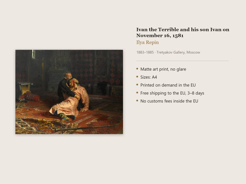 Ivan the Terrible and his son Ivan on November 16, 1581 Print by Ilya Repin, Russian Art Poster, Famous Painting Wall Art, A4, Printed in EU image 4