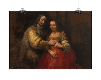 Puede incluir: Una lámina artística enmarcada que muestra una pintura de dos figuras con vestimenta histórica. Una persona con jubón amarillo estampado está detrás de una persona sentada que viste un vestido rojo vibrante con encaje.
