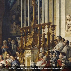 May include: A detailed oil painting reproduction depicting a formal religious ceremony with numerous figures in historical attire, ornate gold candelabras, and architectural elements. The text at the bottom reads: DETAIL - printed from a high-resolution image of the original.