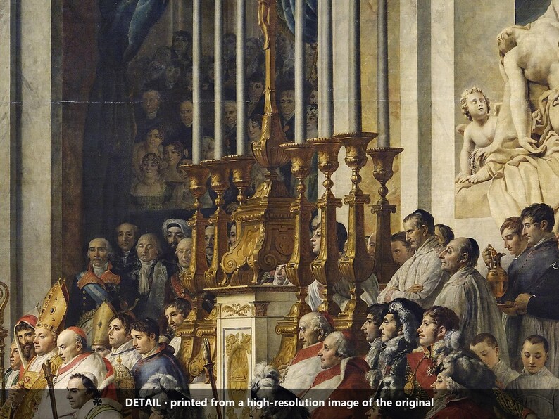 May include: A detailed oil painting reproduction depicting a formal religious ceremony with numerous figures in historical attire, ornate gold candelabras, and architectural elements. The text at the bottom reads: DETAIL - printed from a high-resolution image of the original.