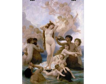Puede incluir: Una pintura al óleo clásica que representa una figura central desnuda de pie sobre una concha en el océano, rodeada de numerosas figuras, incluidos querubines alados en el cielo y varios seres mitológicos en el agua.