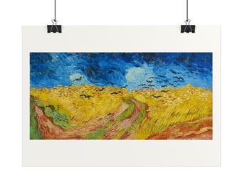 May include: A horizontal art print featuring a vibrant yellow wheat field under a deep blue, swirling sky. A dirt path winds through the center of the golden stalks, while a flock of black birds flies across the horizon line.