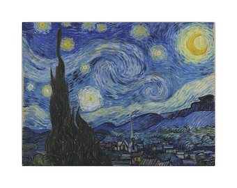 May include: A rectangular art print featuring a night sky filled with swirling blue and yellow patterns, a bright crescent moon, glowing stars, a tall dark cypress tree in the foreground, and a small village with a church steeple below.