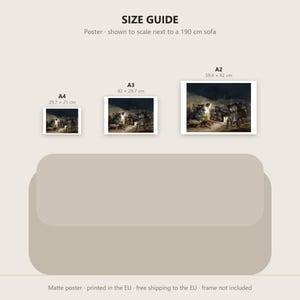May include: A size guide for a matte poster featuring three rectangular prints in A4 (29.7 x 21 cm), A3 (42 x 29.7 cm), and A2 (59.4 x 42 cm) sizes, displayed above a 190 cm sofa. The prints depict a historical scene with figures.