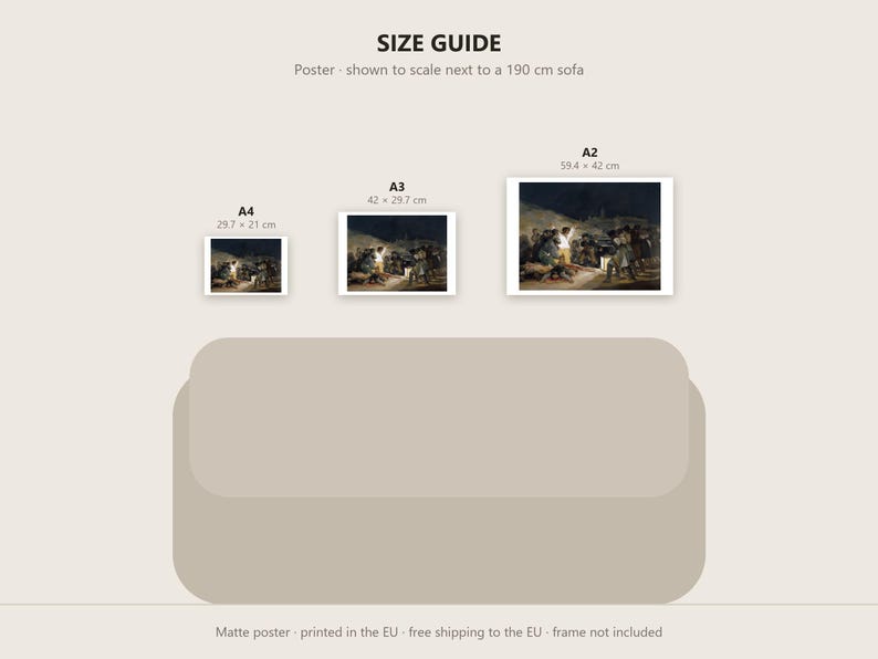 May include: A size guide for a matte poster featuring three rectangular prints in A4 (29.7 x 21 cm), A3 (42 x 29.7 cm), and A2 (59.4 x 42 cm) sizes, displayed above a 190 cm sofa. The prints depict a historical scene with figures.