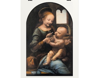 May include: A framed art print featuring a painting of a woman in a dark green dress holding a baby on her lap. The woman has a faint halo, and the baby reaches toward a small flower. A window is visible in the background of the dark scene.