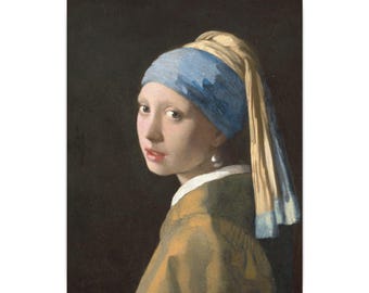 May include: An oil painting depicting a person with a blue and yellow headscarf, wearing a brown garment with a white collar. A large, spherical white earring hangs from the earlobe against a dark, solid black background.