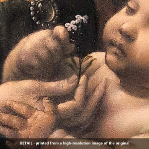 May include: A high-resolution art print detail showing a pale infant reaching toward a small, delicate purple flower held by a hand. The scene includes a dark garment with a circular jeweled brooch and the text DETAIL - printed from a high-resolution image of the original.