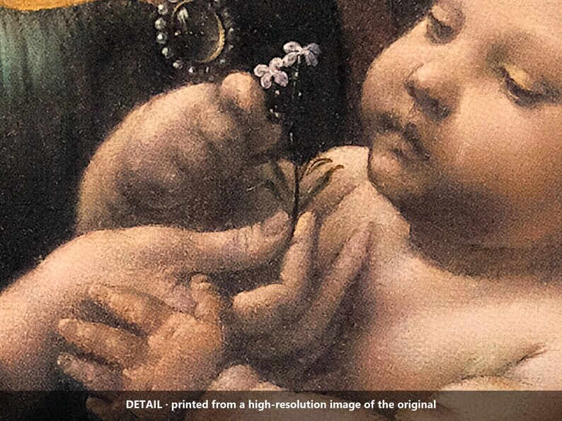May include: A high-resolution art print detail showing a pale infant reaching toward a small, delicate purple flower held by a hand. The scene includes a dark garment with a circular jeweled brooch and the text DETAIL - printed from a high-resolution image of the original.