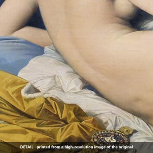 May include: A painting detail showing a reclining figure with pale skin resting on blue, white, and gold fabric. A circular gold brooch with embedded red and blue stones is visible in the foreground. The text DETAIL - printed from a high-resolution image of the original is at the bottom.