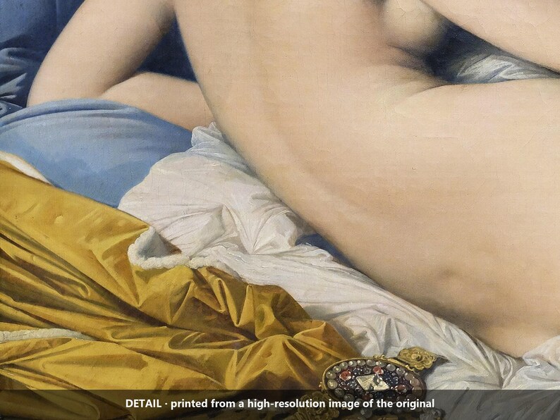 May include: A painting detail showing a reclining figure with pale skin resting on blue, white, and gold fabric. A circular gold brooch with embedded red and blue stones is visible in the foreground. The text DETAIL - printed from a high-resolution image of the original is at the bottom.