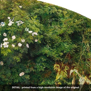 May include: A detailed oil painting reproduction featuring a dense thicket of lush green foliage and wild white rose bushes with delicate petals. The scene captures a natural forest floor with varied textures of leaves, stems, and small flowers.