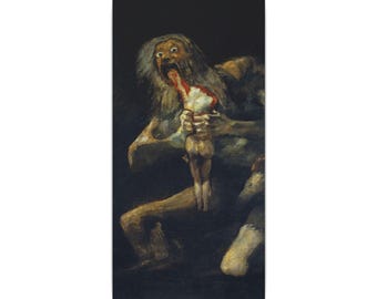 May include: A dark oil painting depicting a wide-eyed, disheveled figure with gray hair consuming a smaller, pale human form. The scene is set against a deep black background, with the figure's hands gripping the body and bright red blood visible.