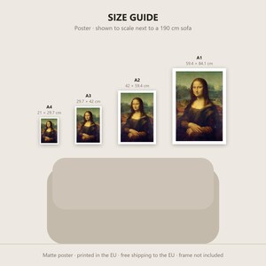 May include: A size guide chart for posters featuring the Mona Lisa painting in four sizes: A4 (21 x 29.7 cm), A3 (29.7 x 42 cm), A2 (42 x 59.4 cm), and A1 (59.4 x 84.1 cm). The graphic includes a beige sofa illustration for scale.