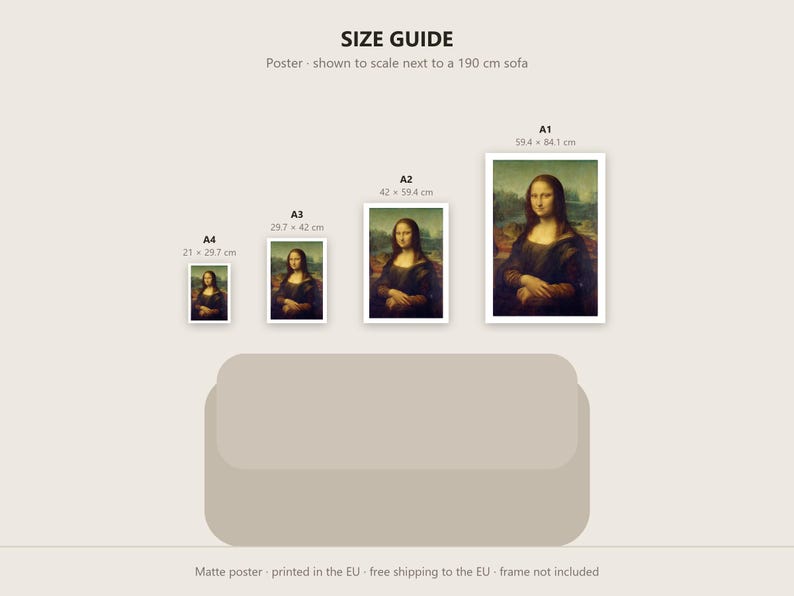 May include: A size guide chart for posters featuring the Mona Lisa painting in four sizes: A4 (21 x 29.7 cm), A3 (29.7 x 42 cm), A2 (42 x 59.4 cm), and A1 (59.4 x 84.1 cm). The graphic includes a beige sofa illustration for scale.