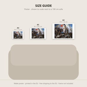 May include: A size guide for posters featuring the painting Liberty Leading the People. Three rectangular posters are displayed in A4 (29.7 x 21 cm), A3 (42 x 29.7 cm), and A2 (59.4 x 42 cm) sizes above a beige sofa graphic, showing scale.