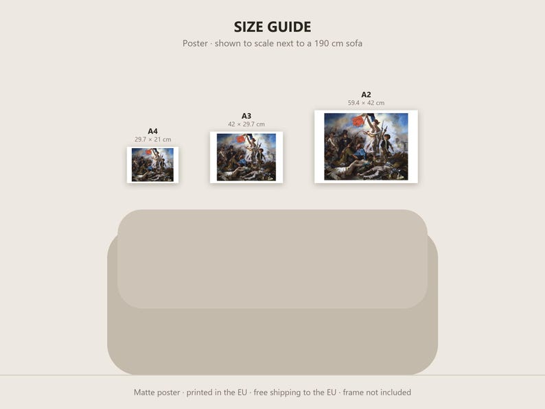 May include: A size guide for posters featuring the painting Liberty Leading the People. Three rectangular posters are displayed in A4 (29.7 x 21 cm), A3 (42 x 29.7 cm), and A2 (59.4 x 42 cm) sizes above a beige sofa graphic, showing scale.