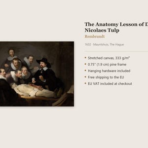 May include: A reproduction of Rembrandt's painting The Anatomy Lesson of Dr. Nicolaes Tulp, featuring a group of men in dark clothing with white collars observing a dissection. The canvas is stretched and includes a 0.75 inch pine frame.
