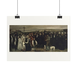 May include: A horizontal art print depicting a somber funeral scene with a large group of people dressed in dark clothing. A figure in black robes holds a crucifix, while a white dog stands in the foreground. The landscape is muted and earthy.