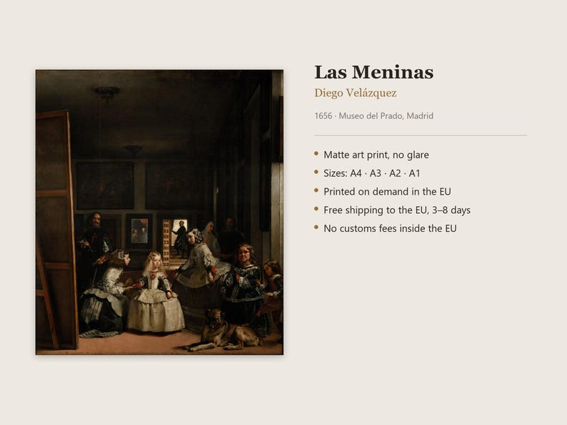 May include: A matte art print of the painting Las Meninas by Diego Vel&aacute;zquez, dated 1656. The image depicts a group of figures in a dimly lit room, including a central child in a light dress, a dog, and a large wooden easel on the left side.