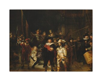 May include: An oil painting depicting a group of figures in 17th-century attire, including men in dark coats, wide-brimmed hats, and white ruffs, alongside a young girl in a light dress, all gathered with spears and a drum in a dark setting.