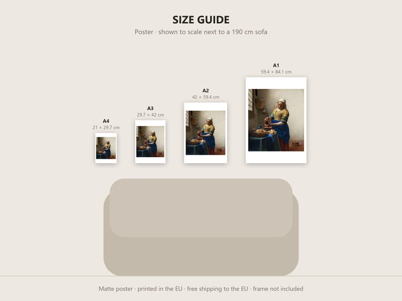 Pu&ograve; includere: Una guida alle dimensioni per un poster opaco raffigurante La Lattaia di Johannes Vermeer. Mostra quattro formati: A4 (21 x 29,7 cm), A3 (29,7 x 42 cm), A2 (42 x 59,4 cm) e A1 (59,4 x 84,1 cm), illustrati in relazione a un divano da 190 cm.