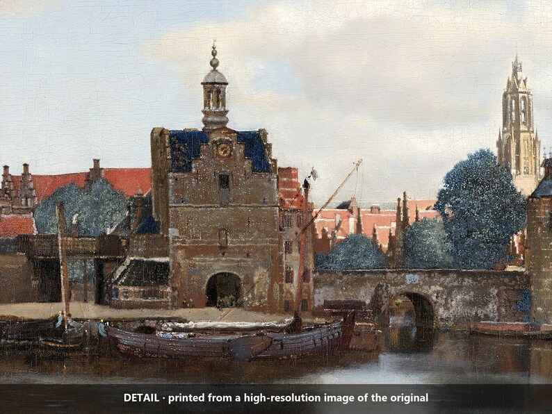May include: An oil painting depicting a Dutch cityscape with a stone gatehouse, a canal, a wooden boat, and a bridge. The scene features red-roofed buildings, blue-toned trees, and a tall church tower under a cloudy sky. Text reads: DETAIL - printed from a high-resolution image of the original.