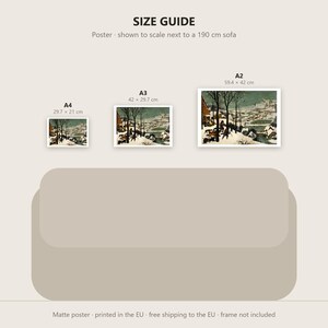 May include: A size guide for posters featuring three prints labeled A4, A3, and A2 with dimensions 29.7 x 21 cm, 42 x 29.7 cm, and 59.4 x 42 cm. The prints display a winter landscape painting and are shown above a 190 cm sofa illustration.