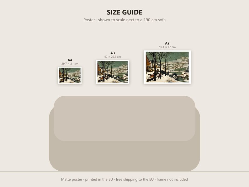 May include: A size guide for posters featuring three prints labeled A4, A3, and A2 with dimensions 29.7 x 21 cm, 42 x 29.7 cm, and 59.4 x 42 cm. The prints display a winter landscape painting and are shown above a 190 cm sofa illustration.