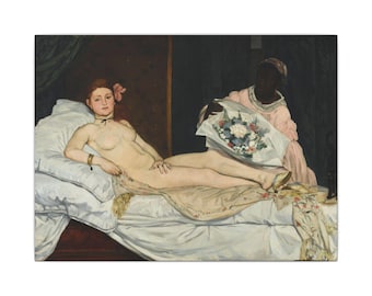 May include: An oil painting depicting a reclining figure with reddish hair, wearing a black ribbon choker and gold bracelet, resting on white pillows. A second figure in a pink dress holds a bouquet of flowers wrapped in white paper.