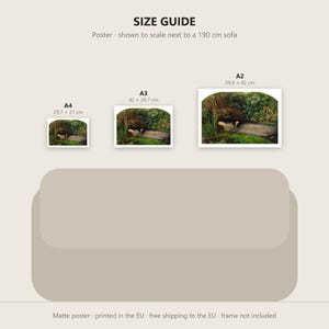 May include: A size guide graphic for a poster featuring three rectangular prints in A4, A3, and A2 sizes, labeled with dimensions 29.7 x 21 cm, 42 x 29.7 cm, and 59.4 x 42 cm, displayed above a beige sofa silhouette measuring 190 cm in width.