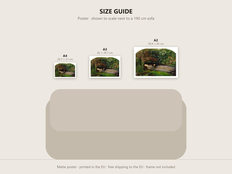 May include: A size guide graphic for a poster featuring three rectangular prints in A4, A3, and A2 sizes, labeled with dimensions 29.7 x 21 cm, 42 x 29.7 cm, and 59.4 x 42 cm, displayed above a beige sofa silhouette measuring 190 cm in width.
