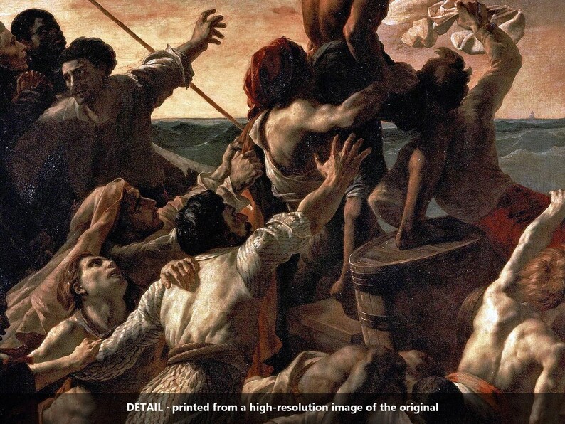 May include: An oil painting detail depicting a group of figures on a wooden raft at sea, with individuals reaching upward and gesturing amidst turbulent waves. The text 'DETAIL - printed from a high-resolution image of the original' is visible.