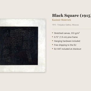 May include: A square painting titled Black Square (1915) by Kazimir Malevich, featuring a central black square with a visible cracked texture surrounded by a white border, mounted on a 0.75 inch pine frame on stretched canvas.
