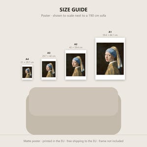 May include: A size guide for a Girl with a Pearl Earring poster, showing four sizes: A4 (21 x 29.7 cm), A3 (29.7 x 42 cm), A2 (42 x 59.4 cm), and A1 (59.4 x 84.1 cm), displayed above a 190 cm sofa for scale reference.