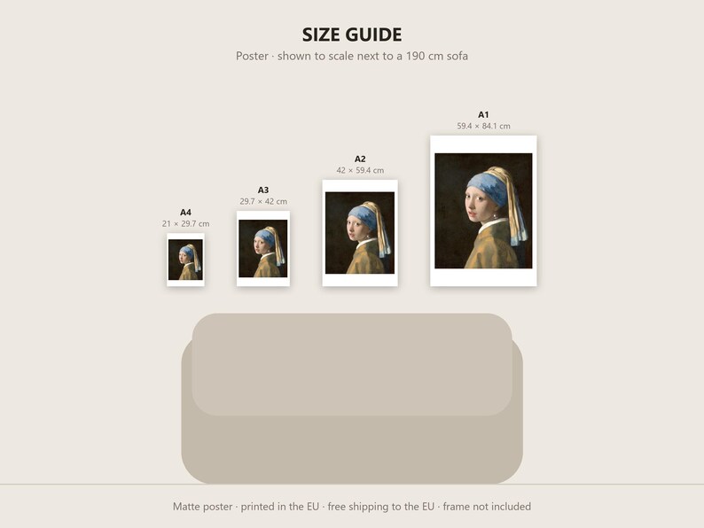 May include: A size guide for a Girl with a Pearl Earring poster, showing four sizes: A4 (21 x 29.7 cm), A3 (29.7 x 42 cm), A2 (42 x 59.4 cm), and A1 (59.4 x 84.1 cm), displayed above a 190 cm sofa for scale reference.