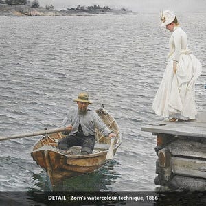 May include: A painting depicting a person in a light-coloured dress and hat standing on a wooden dock, while another person in a light shirt and hat rows a small wooden boat on the water. The text at the bottom reads: DETAIL - Zorn's watercolour technique, 1886.