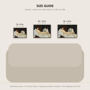May include: A size guide for canvas prints featuring three framed artworks of a reclining figure. The sizes are 12 x 9 inches, 16 x 12 inches, and 18 x 12 inches, shown to scale above a 190 cm sofa. The text includes Stretched canvas, 0.75 inch pine frame.