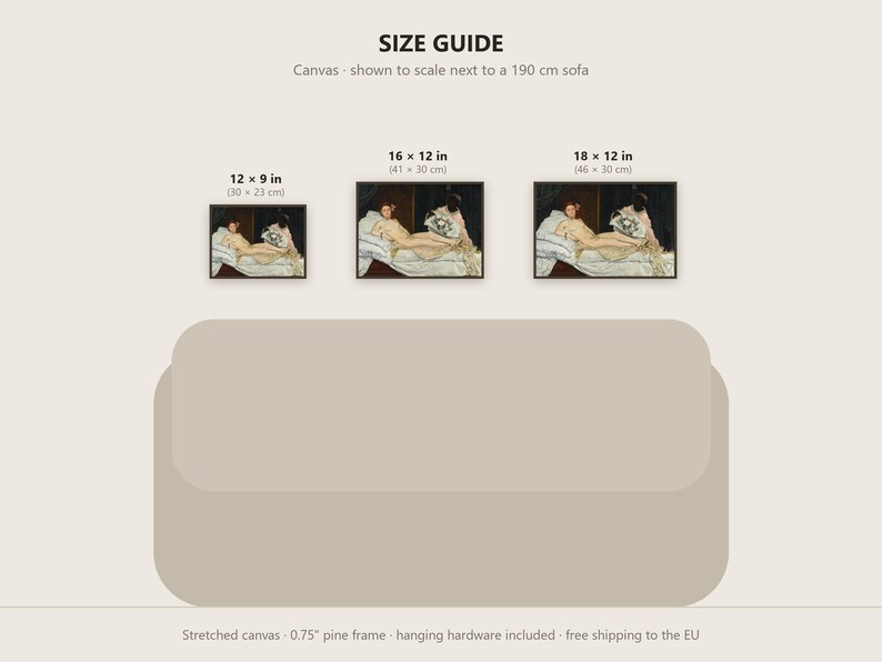 May include: A size guide for canvas prints featuring three framed artworks of a reclining figure. The sizes are 12 x 9 inches, 16 x 12 inches, and 18 x 12 inches, shown to scale above a 190 cm sofa. The text includes Stretched canvas, 0.75 inch pine frame.