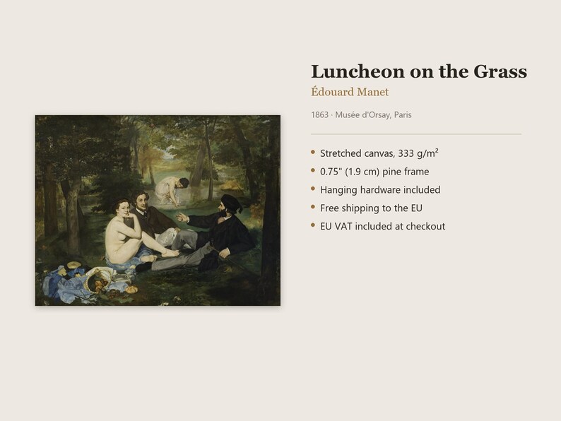 May include: A reproduction of the painting Luncheon on the Grass by &Eacute;douard Manet, 1863. The artwork is printed on stretched canvas with a 333 g/m&sup2; weight, mounted in a 0.75 inch pine frame, and includes hanging hardware for display.