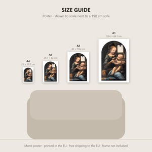 May include: A size guide for a matte poster featuring a reproduction of a classical painting of a mother and child. The guide displays four sizes: A4 (21 x 29.7 cm), A3 (29.7 x 42 cm), A2 (42 x 59.4 cm), and A1 (59.4 x 84.1 cm) above a 190 cm sofa.