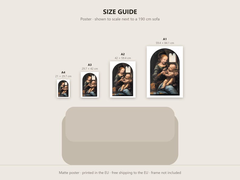May include: A size guide for a matte poster featuring a reproduction of a classical painting of a mother and child. The guide displays four sizes: A4 (21 x 29.7 cm), A3 (29.7 x 42 cm), A2 (42 x 59.4 cm), and A1 (59.4 x 84.1 cm) above a 190 cm sofa.