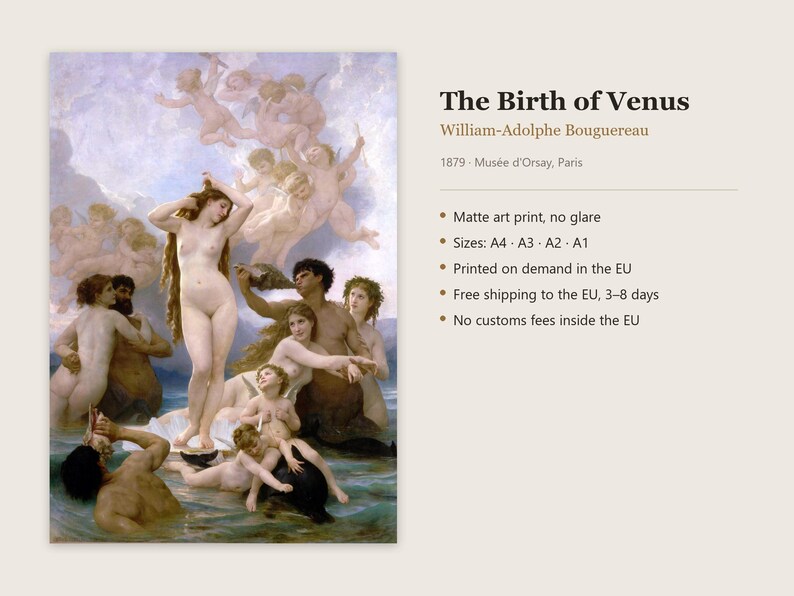 Venus födelse, tryck av William-Adolphe Bouguereau, akademisk konstaffisch, berömd målning, A4 A3 A2 A1, tryckt i EU bild 7