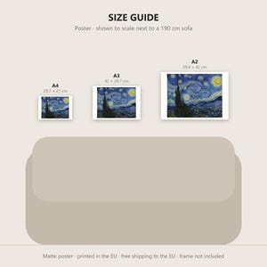 May include: A size guide for posters featuring Vincent van Gogh's The Starry Night. The graphic displays three rectangular prints in A4, A3, and A2 sizes, with dimensions listed in centimeters, positioned above a 190 cm sofa illustration.