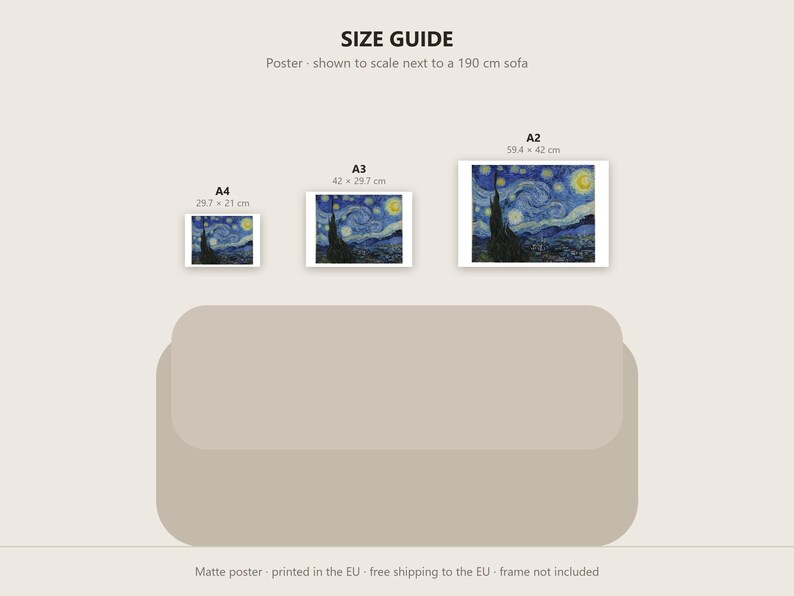 May include: A size guide for posters featuring Vincent van Gogh's The Starry Night. The graphic displays three rectangular prints in A4, A3, and A2 sizes, with dimensions listed in centimeters, positioned above a 190 cm sofa illustration.