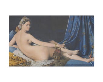May include: A classical oil painting depicting a reclining figure with pale skin, wearing a patterned head covering and gold bracelets. The figure rests on white and gold fabric, partially covered by a vibrant blue curtain with gold accents.